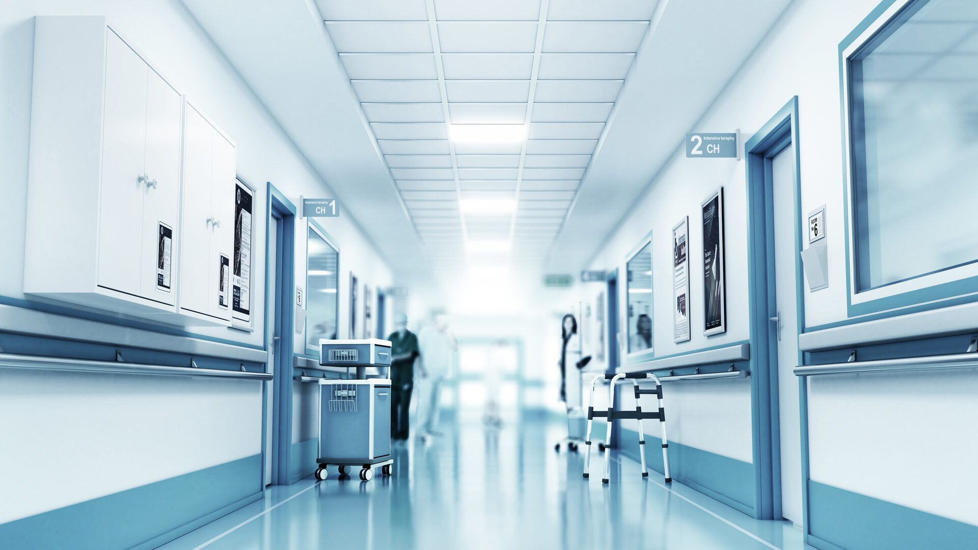 Hospital corridor lit with Renova LED fixtures
